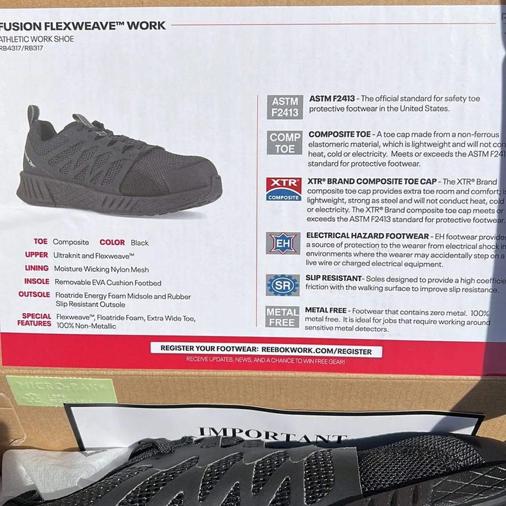 Reebok Black Fusion Flexweave Athletic Work Shoe Size 8 Wide - Picture 4 of 5